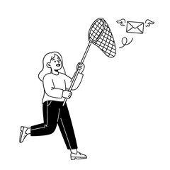 Woman Running and Catching Emails with a Net Line Art Illustration