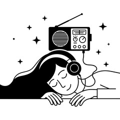 Woman Sleeping Peacefully with Headphones and Retro Radio in Monochrome Illustration