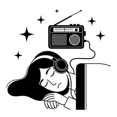 Woman Sleeping with Headphones on While Listening to a Vintage Radio in a Monochromatic Illustration