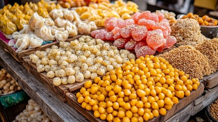 A vibrant festival-style display of dragon beard candy and sweet dim sum treats sits on a rustic wooden stall, with candied nuts and sesame balls arranged artfully, 