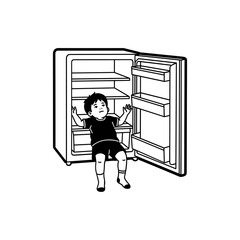 Young Boy Sitting Inside an Empty Refrigerator Black and White Line Art Illustration