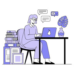 Woman Working on Laptop at Desk with Books and Plant, Purple Minimalist Illustration
