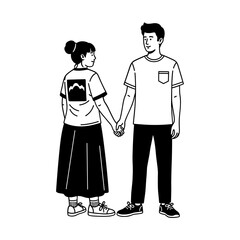 Young Couple Holding Hands Black And White Line Art Illustration