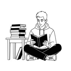 Young Man Reading a Book Surrounded by a Stack of Books, Black and White Line Art Illustration