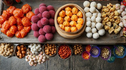 A vibrant festival-style display of dragon beard candy and sweet dim sum treats sits on a rustic wooden stall, with candied nuts and sesame balls arranged artfully, 