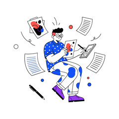 Young Male Artist Creating Artwork Surrounded by Papers and Design Elements