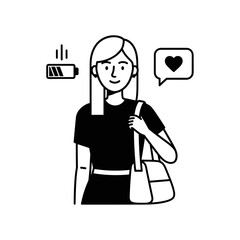 Young Woman with Low Battery, Social Media Heart Icon, Black and White Illustration