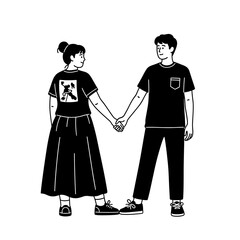 Young Couple Holding Hands Black and White Minimalist Illustration