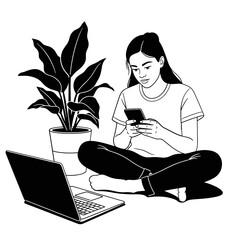 Young Woman Using Phone and Laptop While Sitting on the Floor with a Houseplant