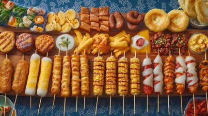 A vibrant Korean street food market setup featuring an array of skewered treats like spicy tteok-kkochi (grilled rice cakes), cheese corn dogs, and hotteok (sweet pancakes), 