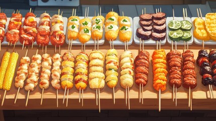 A vibrant Korean street food market setup featuring an array of skewered treats like spicy tteok-kkochi (grilled rice cakes), cheese corn dogs, and hotteok (sweet pancakes), 