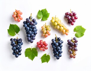 Various Fresh Grapes with Green Leaves on White Background