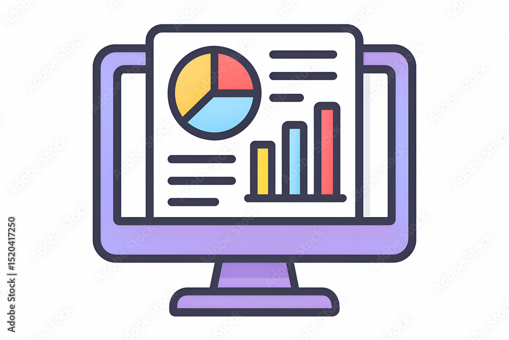 Fototapete Data Visualization Simple Icon Illustration of Document and Charts on Computer Monitor