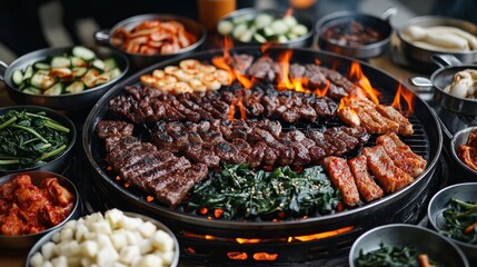 A wide-angle shot of a stylish Korean barbecue setup, featuring sizzling cuts of beef, pork belly, and spicy marinated chicken grilling over an open flame, 