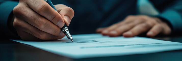 Person Writes on Document with Pen to Authorize and Sign Agreement