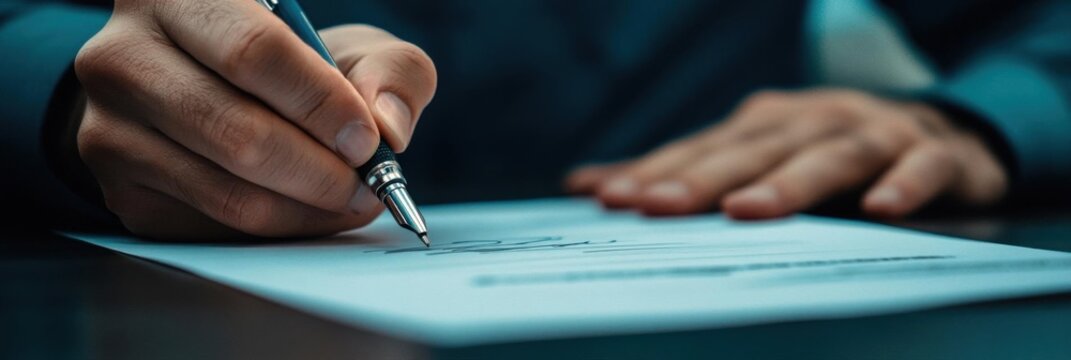 Person Writes on Document with Pen to Authorize and Sign Agreement