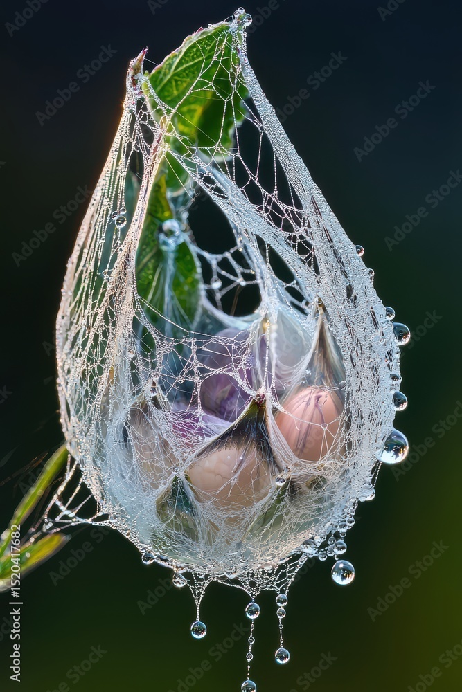 Aufkleber a mesmerizing close up view of a spider s web draped in glistening dew droplets clinging to the intr