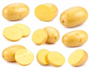 Bright Yellow Fresh Potato Cuts on a White Background