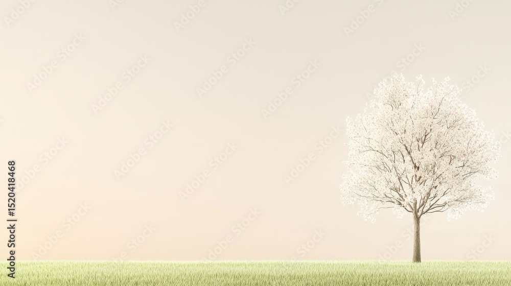 Poster a lone barren tree stands in a tranquil snow covered meadow under an overcast hazy sky creating a se