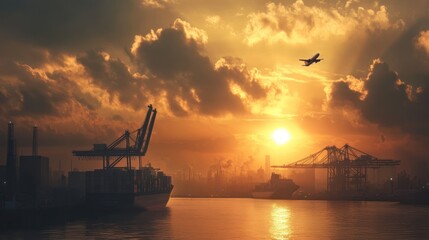Obraz premium Sunset over a busy port with cargo ships, cranes, and a plane taking off