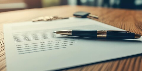 Sign contract with pen on desk with keys beside for Success theme.