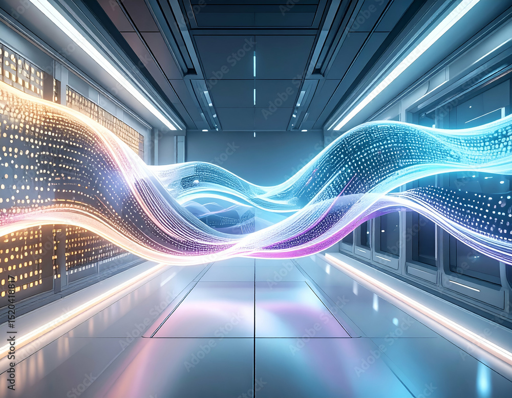 Poster abstract data visualization neon wave of digital information flow
