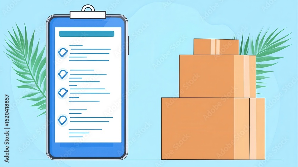Aufkleber an image depicting a clipboard with a checklist on a blue background surrounded by stacked cardboard