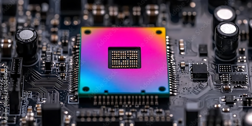 Poster close-up of colorful circuit board with processor