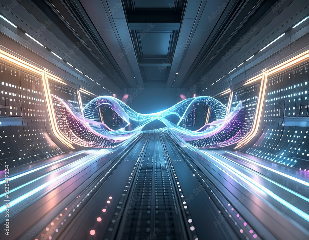 Poster neon firefly abstract data visualization in a futuristic corridor