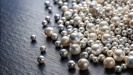 Pearls scattered on a dark ebony background with varying shades of gray