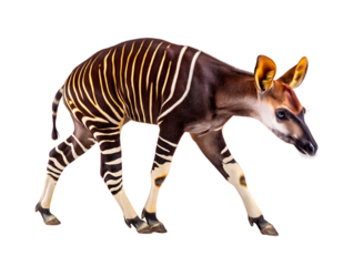 Okapi (Okapia johnstoni), forest giraffe or zebra giraffe, artiodactyl mammal native, Congo, Central Africa, beautiful animal with white stripes on transparent background