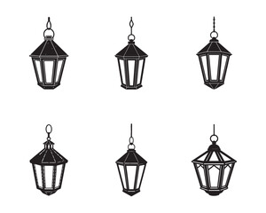 Set of Arab Islamic lantern lamp silhouettes for Ramadan. Arabic antique hanging oil Lamp lights isolated vector
