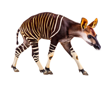 Okapi (Okapia johnstoni), forest giraffe or zebra giraffe, artiodactyl mammal native, Congo, Central Africa, beautiful animal with white stripes on transparent background