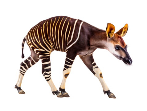 Okapi (Okapia johnstoni), forest giraffe or zebra giraffe, artiodactyl mammal native, Congo, Central Africa, beautiful animal with white stripes on transparent background