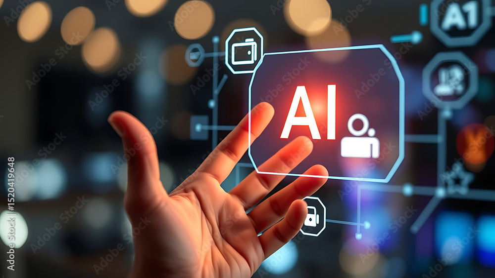 Poster artificial intelligence and chat ai technology concept a hand interacting with a virtual ai interfac