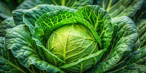 Close-up shot of a ripe early cabbage head with vibrant green leaves and a compact