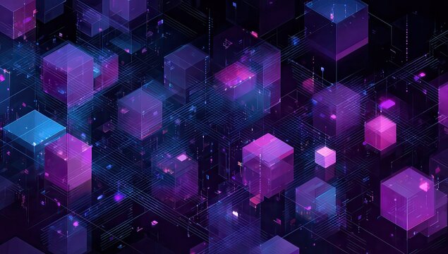 A digital illustration depicting blocks and lines representing blockchain technology, with shades of purple and blue on a dark background. The design is sleek and modern.