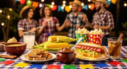A lively group celebrates with a spread of traditional Brazilian party food and drinks.