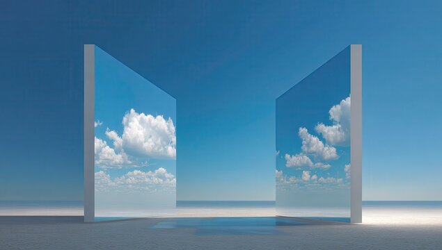 Minimalist composition of two large mirrors facing each other, creating an illusory reflection in the vast blue sky, symbolizing infinity and mirror imagery.