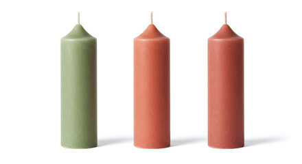 Three Decorative Pillar Candles Green Red White Background