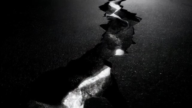 Dramatic close-up of a stark, dark road surface split by a deep, jagged crack with a sliver of bright light emanating from below, conveying a sense of fracture or separation.