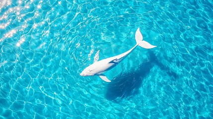 a whale seen from directly above as it swims in a swirling ocean current, white seafoam patterns around its body, deep blue contrast with smooth water textures and clear sunlight rays