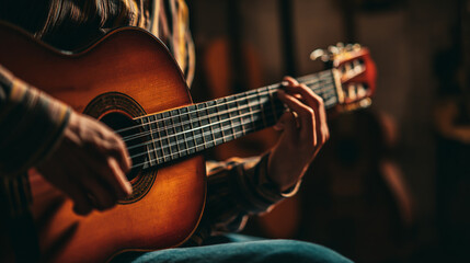 Obraz premium Guitar Music Playing: Close-Up of Male Musician's Hand Picking Acoustic Strings in Relaxed Jam Session