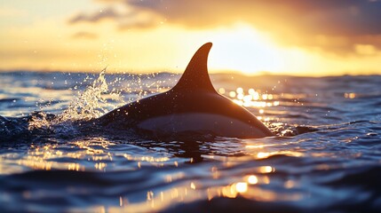 a minimal scene showing just a dolphinâ€™s dorsal fin above the water at twilight, mirror-like sea surface, rich blue and violet tones in the sky
