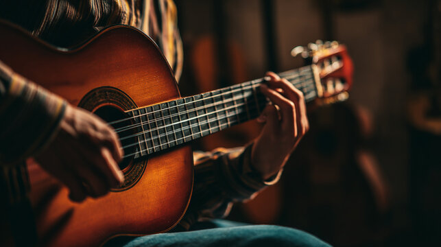 Guitar Music Playing: Close-Up of Male Musician's Hand Picking Acoustic Strings in Relaxed Jam Session
