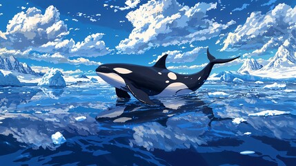 Fototapeta premium a lone orca whale diving toward the seabed in a quiet Arctic ocean setting, glacial reflections and fine water detail visible, body curving naturally with fins extended