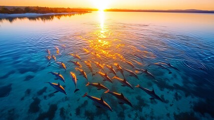 an overhead drone shot of dolphins swirling in a shallow bay, patterns formed by their movement create visible wakes in the water, sunlit ripples reflecting on the surface