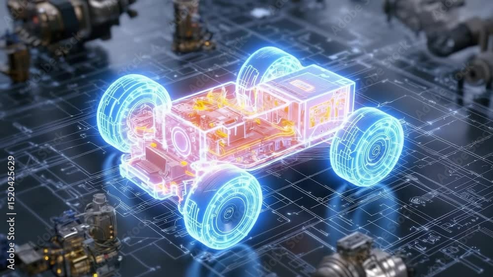 Poster A futuristic digital rendering of an electric vehicle platform with transparent components and glowing circuits.