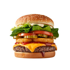 An irresistible cheeseburger topped with fresh greens tomato pickles and on transparent background