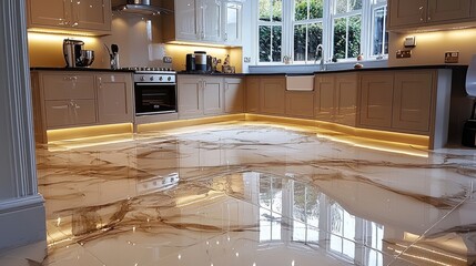 Stylish Glossy Marble Effect Epoxy Flooring in Modern Kitchen